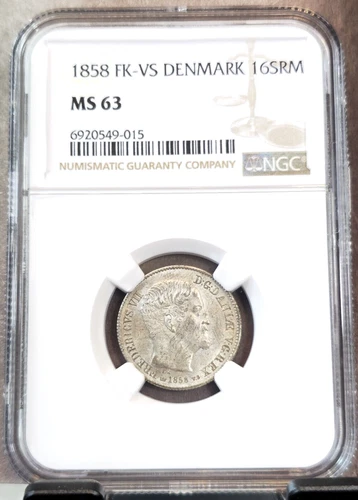 1858 DENMARK SILVER 16 SKILLING FREDERIK VII NGC MS 63 RARE BEAUTIFUL MINT STATE