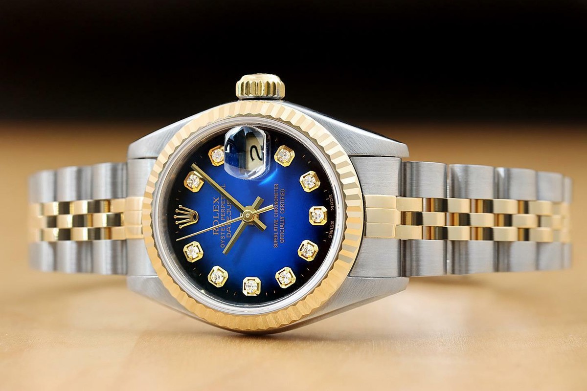 ROLEX LADIES DATEJUST BLUE VIGNETTE DIAMOND TWO TONE 18K YELLOW