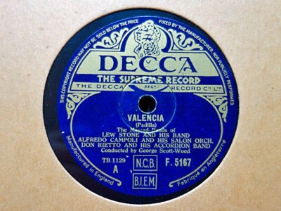LEW STONE, ALFREDO CAMPOLI, DON RIETTO - Valencia / The Apache Dance 78 rpm disc