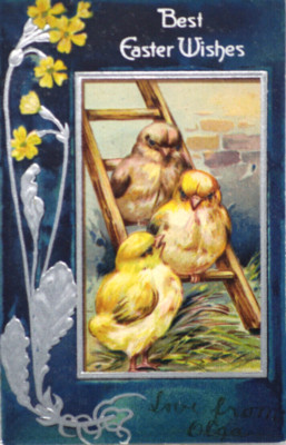 AK Leuchtend Frohe Ostern Drei Küken Leiter Silber Gelb Blume Heu PFB