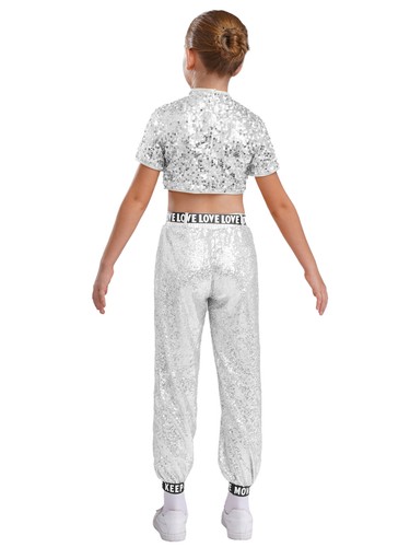 Kids Girls Suits Hip Hop Set Sparkly Outfit Short Sleeve Crop Top Mock Neck - Picture 64 of 81