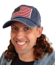 USA Mullet Hat with Attached Brown Hair Wig for an All American Billy Bob Costum