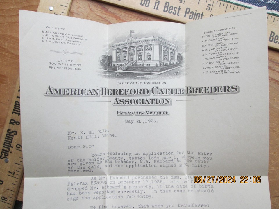 American hereford cattle breeders assoc Kansas City MO 1926 letter