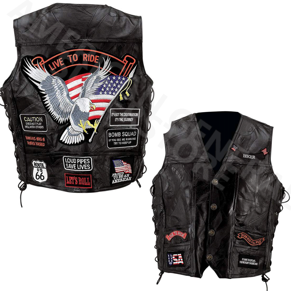 VEST LEATHER Biker Black Buffalo Motorcycle w/ 14 Patches US Flag Eagle Mens MC-image
