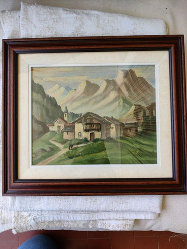 Quadro dipinto a olio su cartone, 1930 circa, paesaggio, montagne, baita [1] - Foto 1 di 9