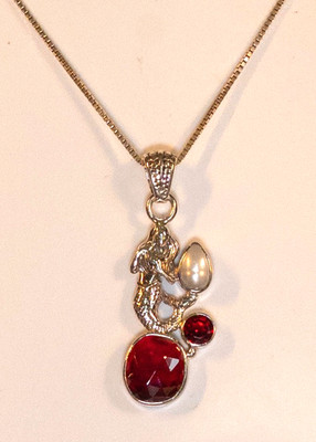 925 Sterling Italien Meerjungfrau Granate Perlenkette Kette und Anhänger markiert 16''