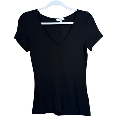 REISS Maggie Shirt Women s M Maggie Short Sleeve V Neck Ribbed Black Top