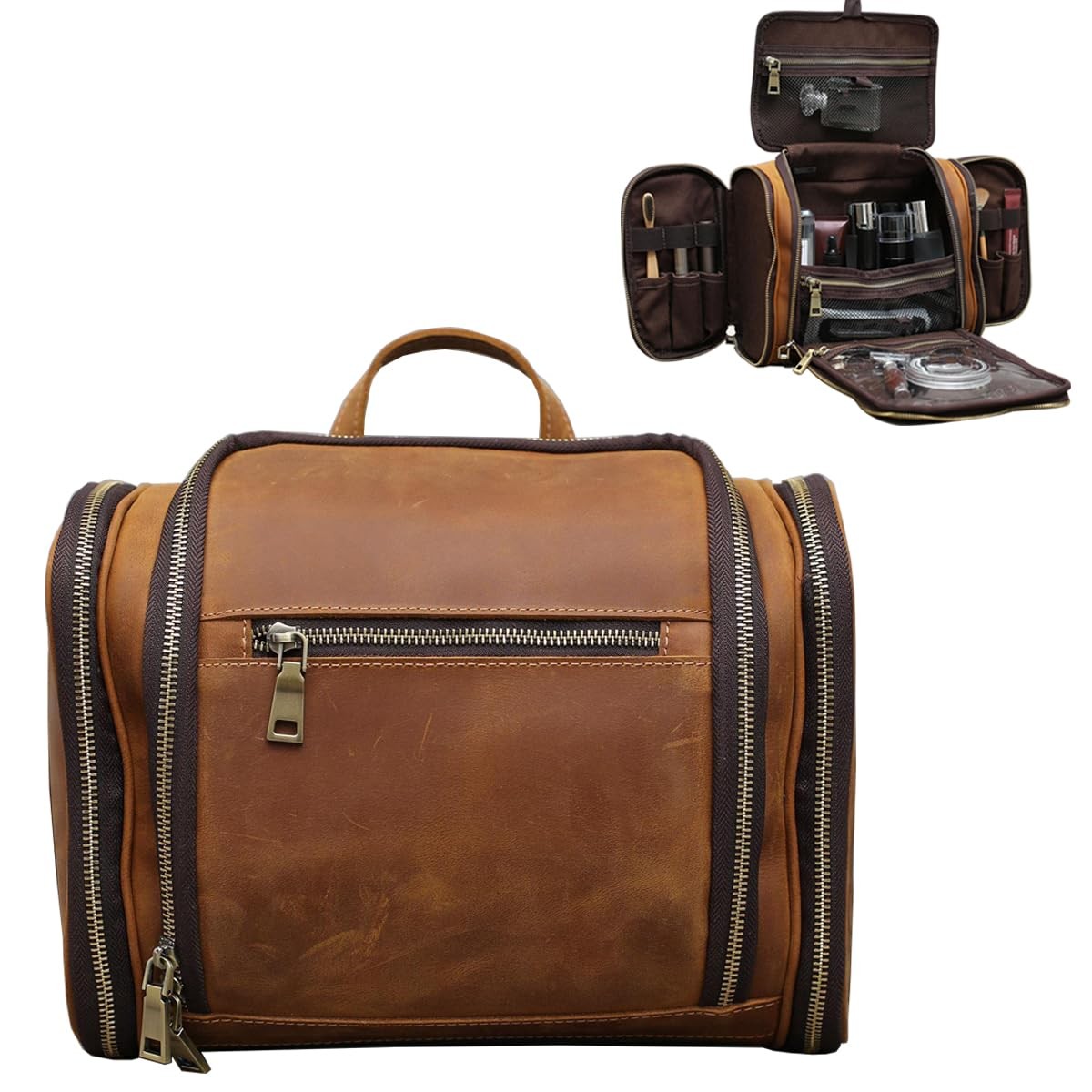 Men's Genuine Leather Hanging Toiletry Bag for Travel Organizer-image