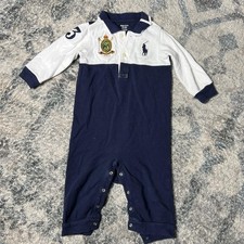 Ralph Lauren Romper Boys 9M Navy White Rugby Polo Long Sleeve Crest One Piece