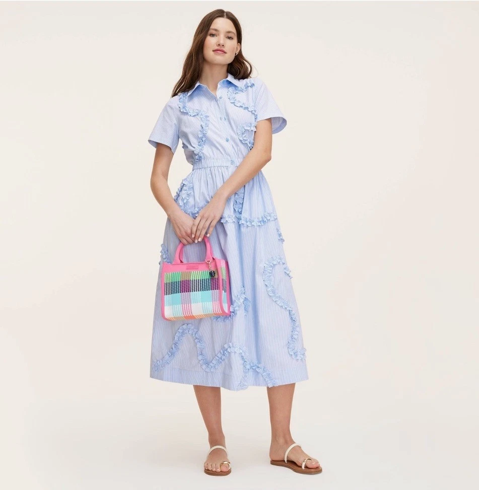 NUOVO KATE SPADE NY Target blu bianco nastro camicia midi manica corta GRANDE