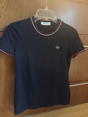 Womens Lacoste Slim Fit Ribbed Tee Size 38 US Size Medium Navy with red/white