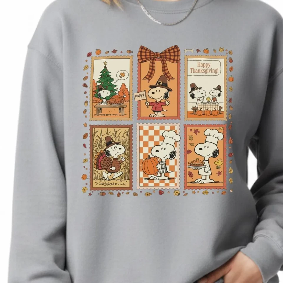 Camisa Snoopy Feliz Acción de Gracias Linda Otoño Sudadera Cacahuetes Dibujos Animados Algodón Camiseta Foto 4 de 4