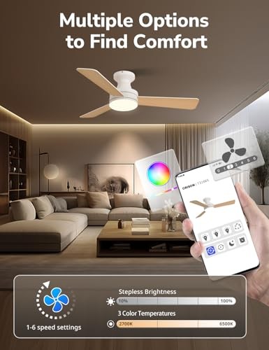 42-Inch Ceiling Fans with Lights, Low Profile, Flush Mount, Features RGB White - Picture 4 of 7