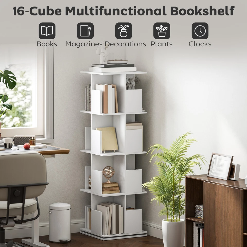 HOMCOM 4 Tier Rotating Bookshelf 360° Revolving Bookcase with Cubbies White - Imagem 4 de 4