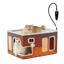 Heated Cat House for Indoor Cats - Large Cat Warming Bed for Winter with Fluf...