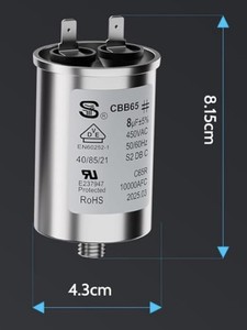 CBB65 8uF Run Capacitor 8mfd AC 450V Aluminum Case with 2 Terminal