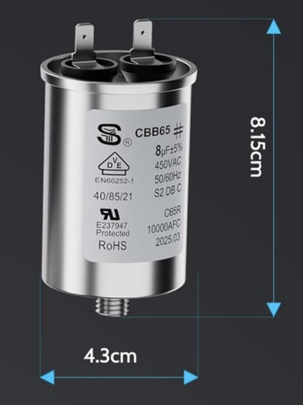 CBB65 8uF Run Capacitor 8mfd AC 450V Aluminum Case with 2 Terminal