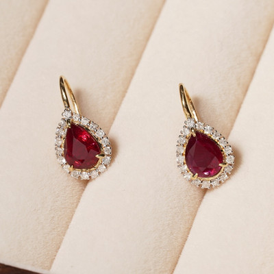 18ct Gold Natural Pink Ruby & Diamond Halo Drop Earrings Pear Shape French Hook