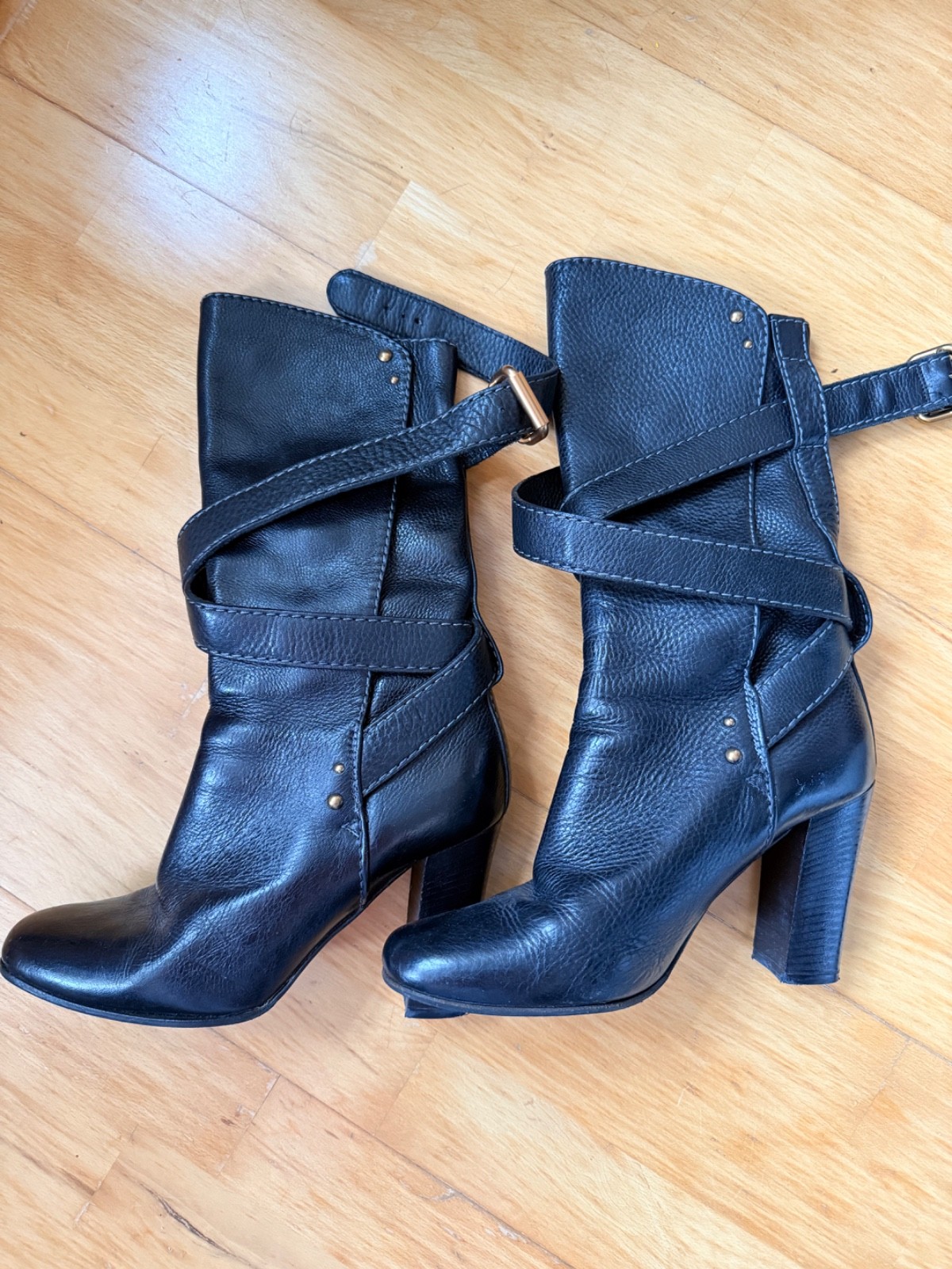 CHLOE Black Paddington Pebbled Leather Mid Calf Wrap Around Boots Size EU39 UK6