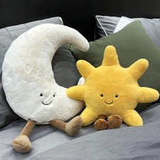 Adorable Smile Face White Moon Yellow Sun Plushie Stuffed Cute Cartoon Weather