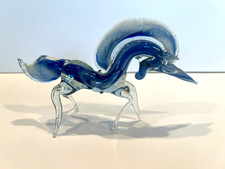 Vtg HAND BLOWN Blue Swirl Art Glass UNICORN 7.5 in Long Figurine MCM
