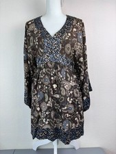 Express women's medium brown and blue 100% silk y2k 90's tunic mini dress