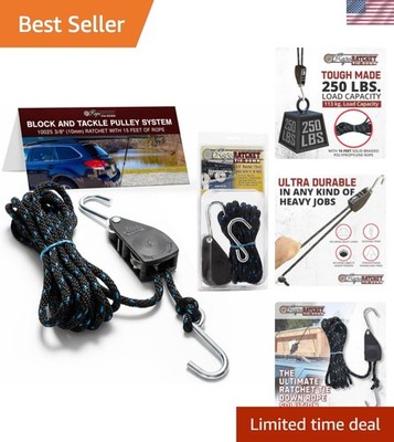 3/8'' Block and Tackle Pulley System, Adjustable Hoist for Lifting Gear, Outdo...