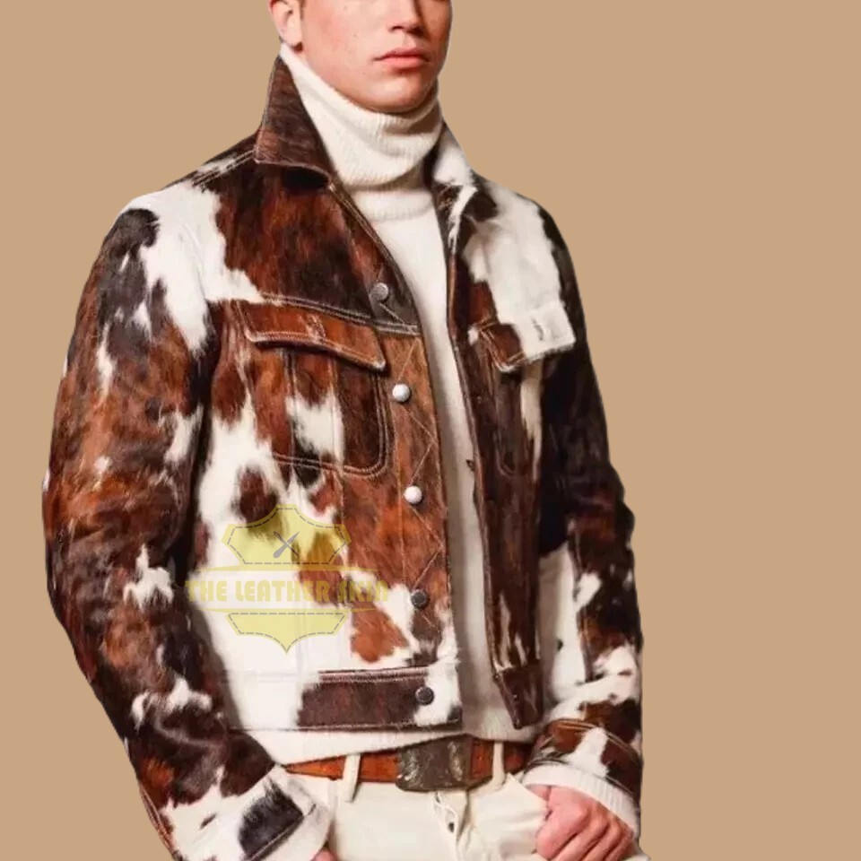 Men's Western Cowhide Leather Jacket Real Hair-On Pony Skin Stylish Trucker Coat