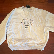 Nike White Crew Neck Pullover Sweatshirt Logo Graphic Fleece Cotton Blend S