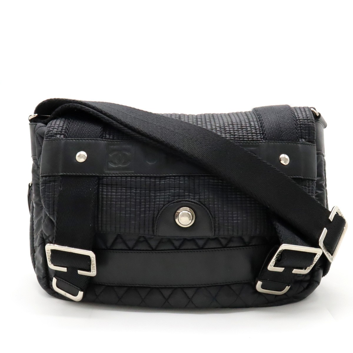 CHANEL Coco Mark Messenger Shoulder Crossbody Bag Nylon Leather Black  