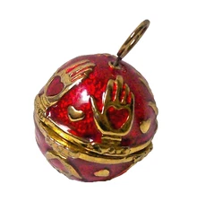 Vintage RED ENAMEL Ball LOCKET with Heart GOLD HANDS Includes Hand Charm Inside