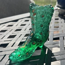 2003 Fenton Art Glass- Museum Collection Green Boot- Daisy & Button Hand Painted