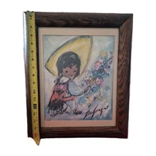 DeGrazia Little Flower Vendor. 9 1/2 × 11 1/2 Professionally Framed Under Glass