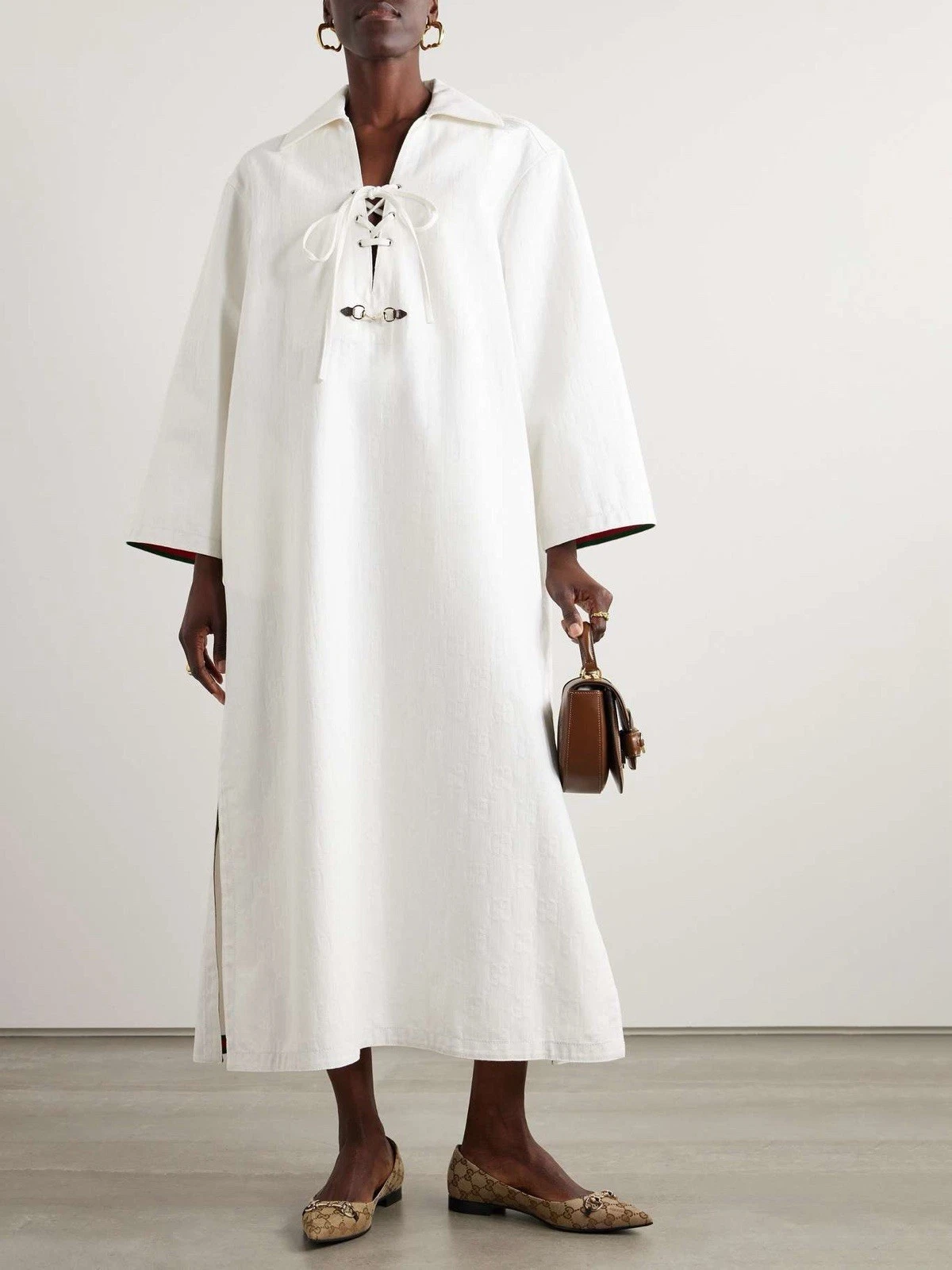 46IT/XL Gucci Caftan Horsebit   Robe midi en coton jacquard détaillé   Neuve avec étiquette