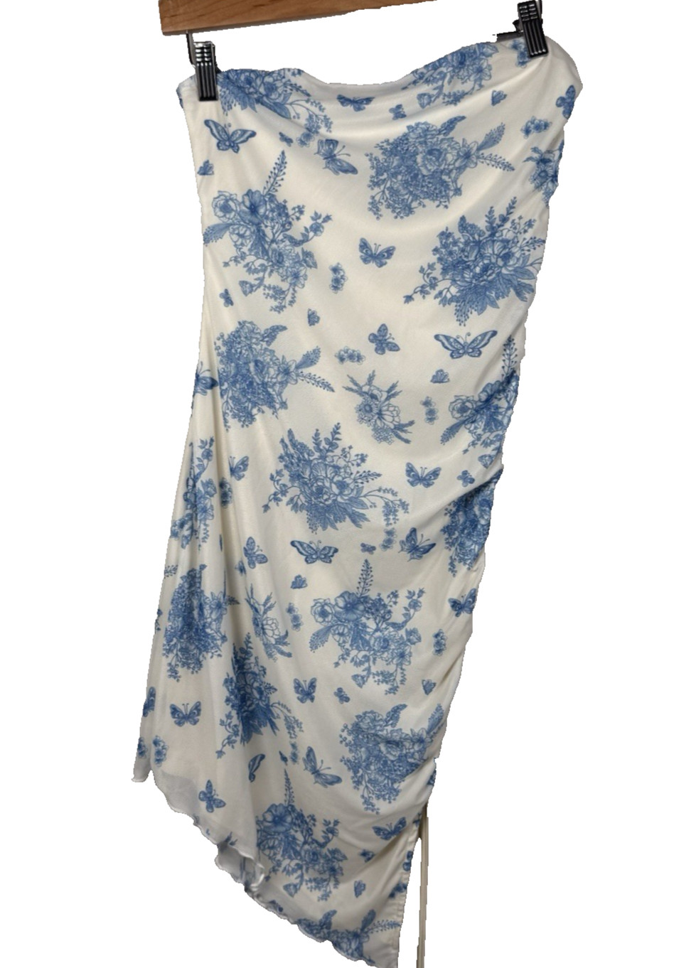 Blue White Floral Toile Mesh Tube Dress Wedding Guest Spring Garden Party Medium