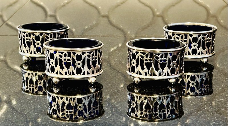 Set Of Gorham # A5553 Oval Sterling Silver Salt Cellars (4)  With Cobalt Glass