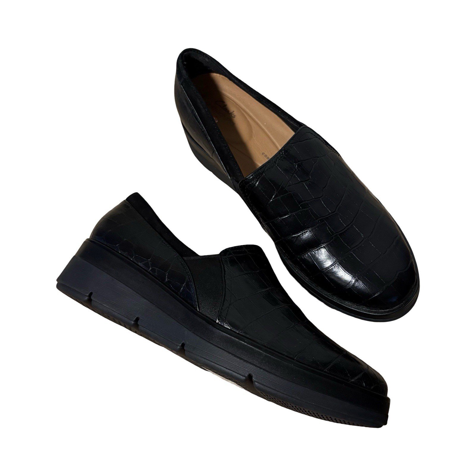 Clark’s Shaylin Black Crocodile Slip Ons NEW 8 Leather