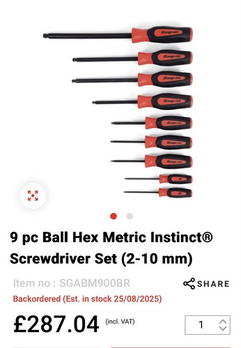 Snap-on 9 pc Ball Hex Metric Instinct® Screwdriver Set (2-10 mm) - Picture 5 of 5