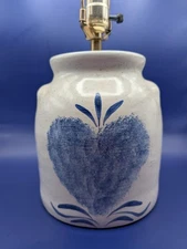 Vintage Rowe Pottery Glaze Stoneware Lamp Cobalt Blue w/ Heart Decoration 