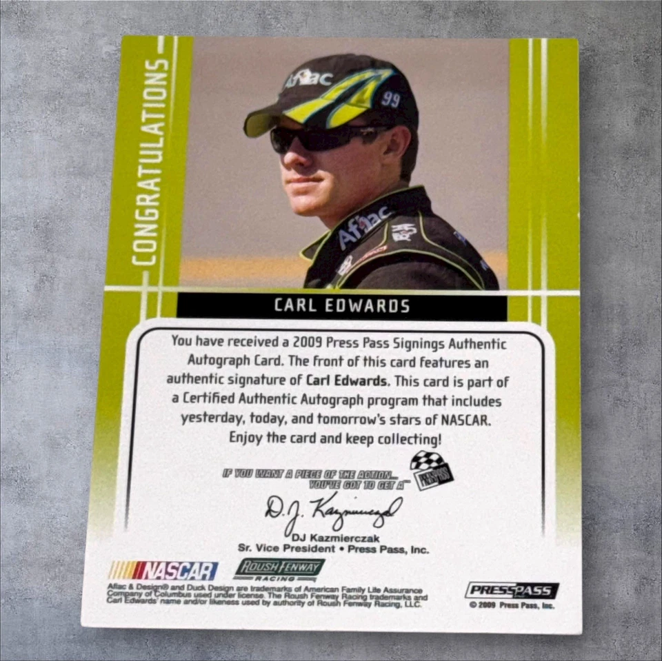 Carl Edwards PACK PULLED NASCAR HOFer signed card 2009 PRESS PASS SIGNINGS 32/45 - Image 2 of 2