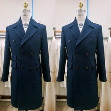 Navy Men's Long Overcoat Cashmere Double Breasted Full Length Winter Long Coat