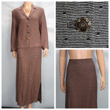 St John Collection Jacket Skirt 2pc Suit Brown White Size 14 12 Tweed Collared