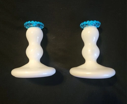 Pair of Fenton Aqua Crest 4 3/4" Tall Candle Holders Excellent Condition