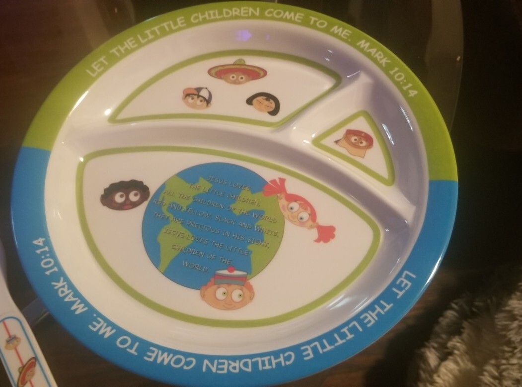 Melamine Ware kids Bible Verse Dish set - Divider Plate Utensils Sippy Cup Bowl