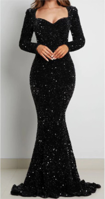 Luxus Schwarz Langarm Abendkleid Pailletten Stretchy Samt V Neck Mermaid Prom