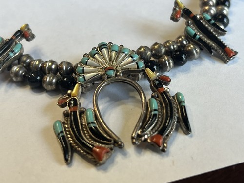 Collana nativi americani argento sterling peyote uccellino d'acqua intarsiato fiori di zucca - Foto 6 di 13