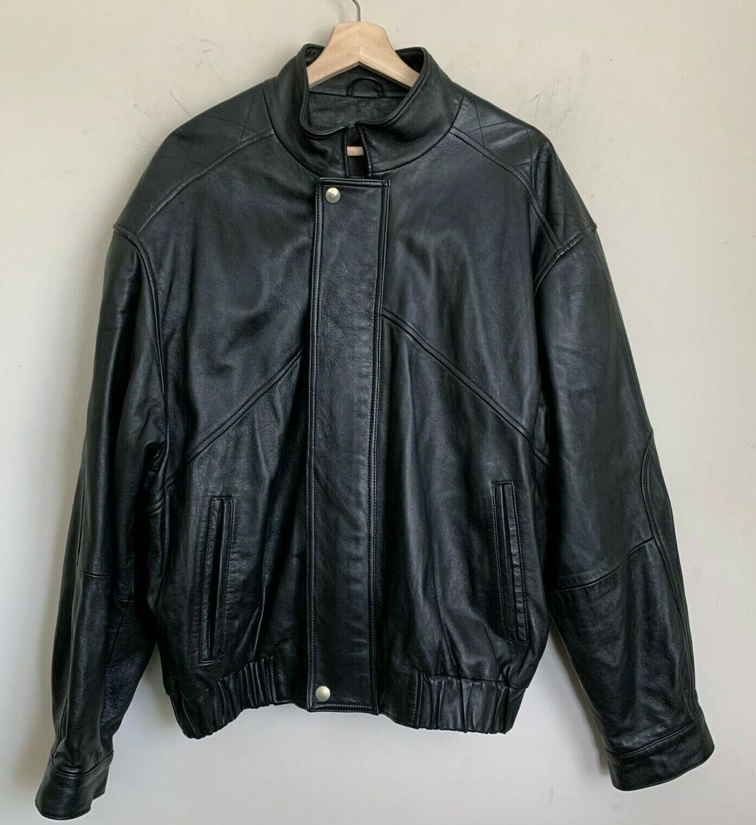 Julian K. Bomber Jacket Black Leather Zip Snap Pockets Julian K. Bomber Jacket Black Leather Zip Snap Pockets