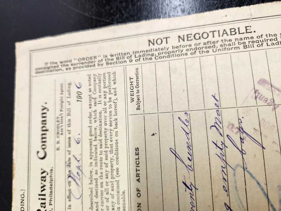 Philadelphia & Reading Railway Company Bill of Lading - September 1906 - Image 2 of 4