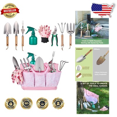 Compact 9-Piece Garden Tool Set in Pink with Storage Pouch for Easy Access