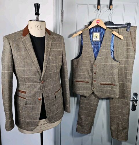 Marc Darcy DX7 3 Piece Suit Men's 38 ~ Tan Wool Blend Herringbone Tweed Velvet - Afbeelding 1 van 22